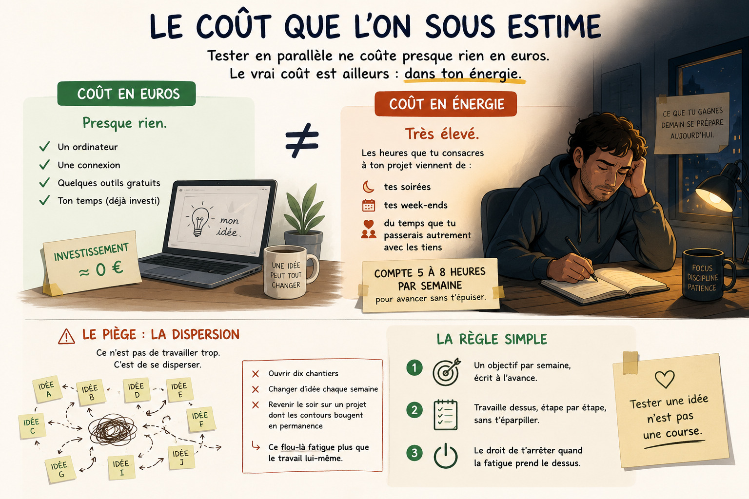 Illustration d'un agenda de semaine où quelques créneaux du soir et du week-end sont mis en avant pour un projet personnel