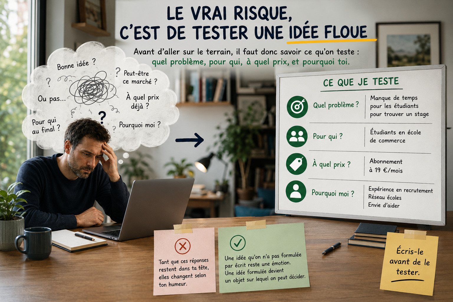 Illustration d'une idée floue qui devient un document clair et structuré posé sur une table