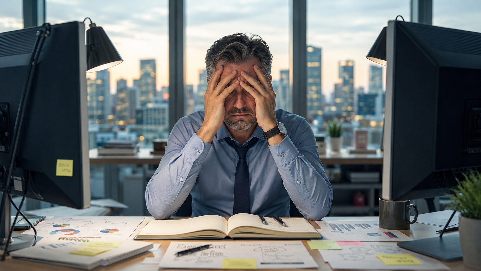 Homme de 48 ans découragé devant son bureau après avoir compris qu’il a lancé son projet d’entreprise sans tester son marché.