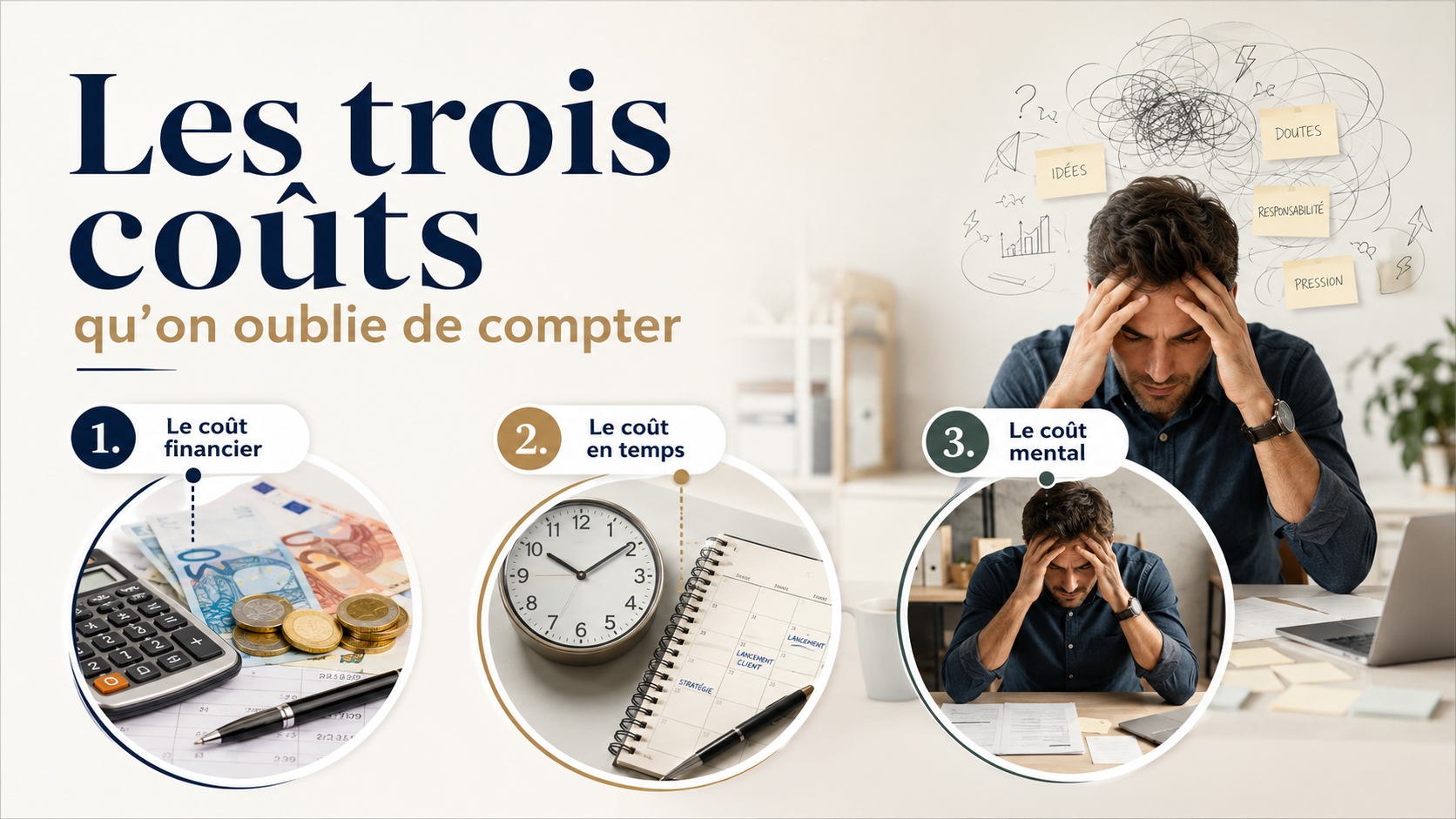 Illustration des trois coûts souvent oubliés lors de la création d’entreprise : le coût financier, le coût en temps et le coût mental